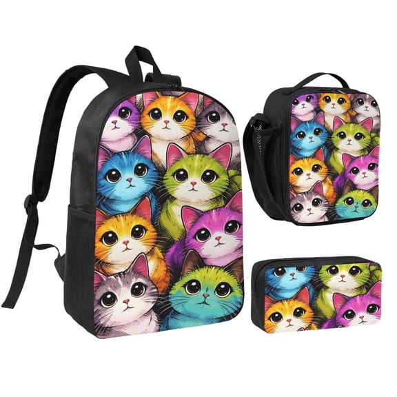Cat Art Cute Pop Kitty Backpack Set 3pc ，Backpack with Lunch Bag and Bag 17 Inch
