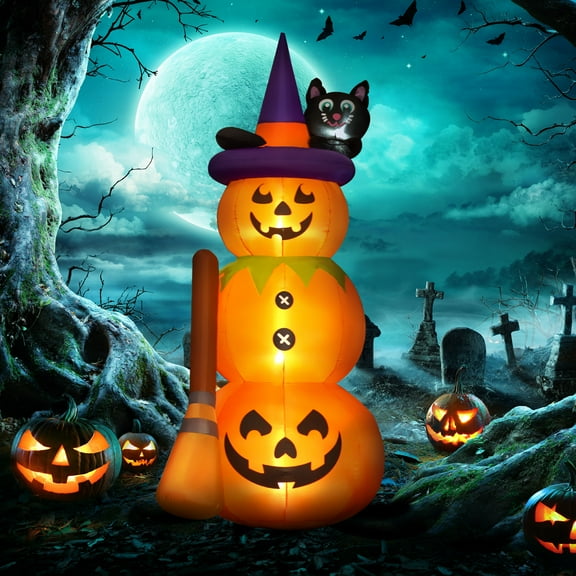 Outsunny 6' Cute Halloween Decoration Inflatable Pumpkin Man with Black Cat and Broom, Blow-Up LED Yard Display Indoor Outdoor for Garden, Lawn, Party, Holiday