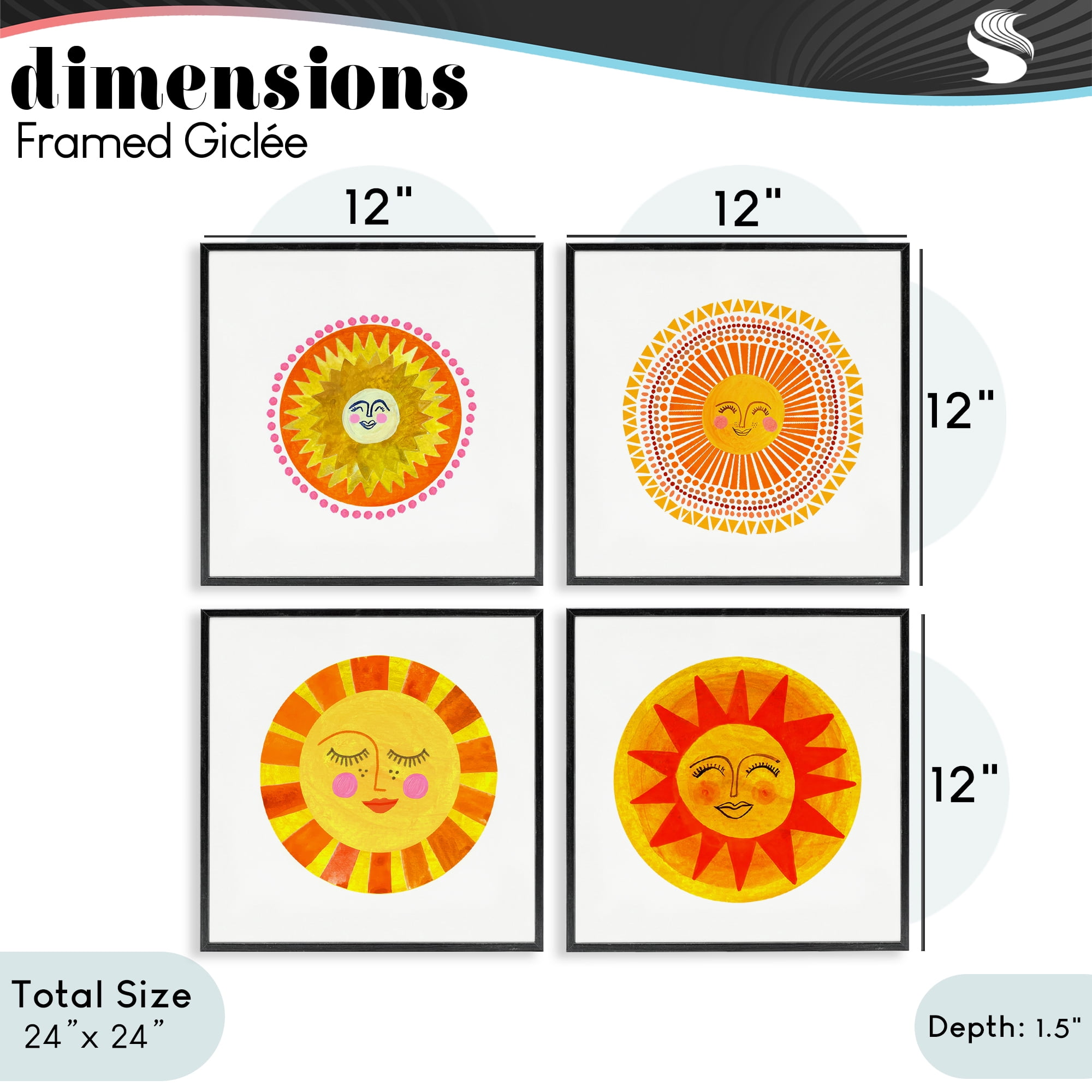 Stupell Industries Whimsical Smiling Suns 4 Piece Black Framed Giclee Art Set, design by Katherine Herrell Studio