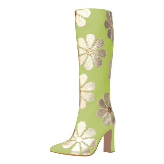 FSJ Women Cute Knee High Boots Pointed Closed Toe Chunky High Heel Side Zipper Daisy Flowers Heeled Tall Boots Date Shoes Size 8 Green
