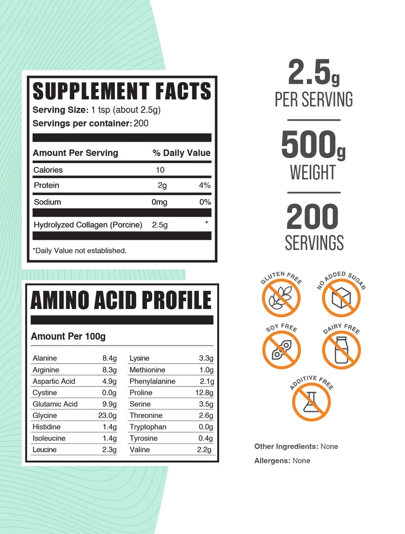 BulkSupplements Porcine Collagen Powder - Hydrolyzed, 2.5g per Serving - 500 Grams (1.1 lbs) - 200 Servings