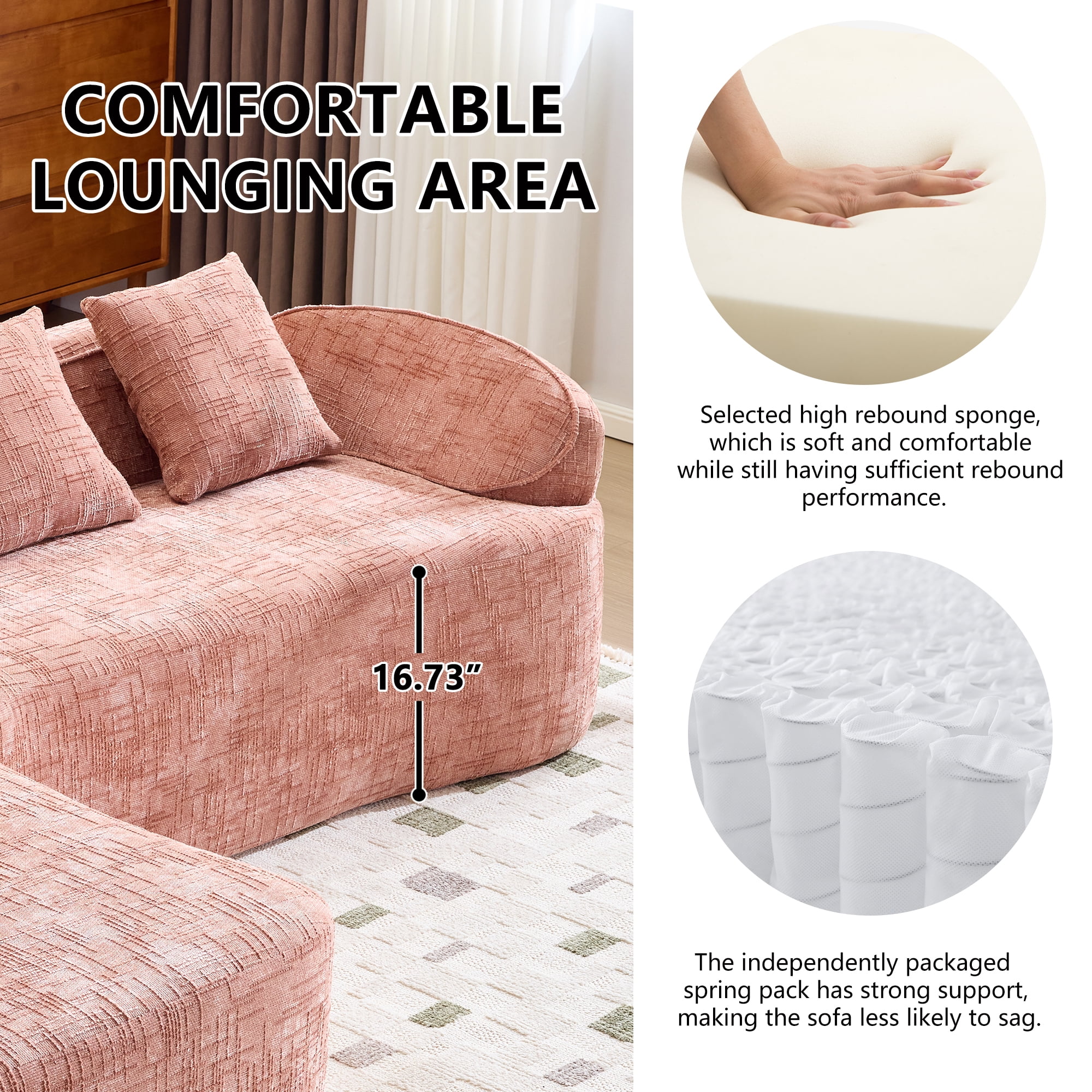 L-Shaped Sectional, Compressed Sofa with Chenille Fabric and Sponge Spring Support, No Assembly Couch for Living Room, 101" x 67" Pink