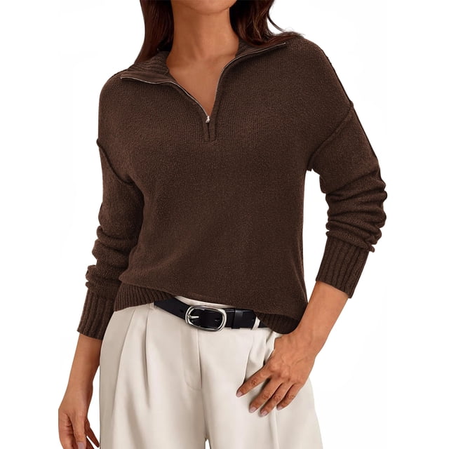 Suéter PRETTYGARDEN 2025 Mujer Cuello Cuarto Marrón Talle S
