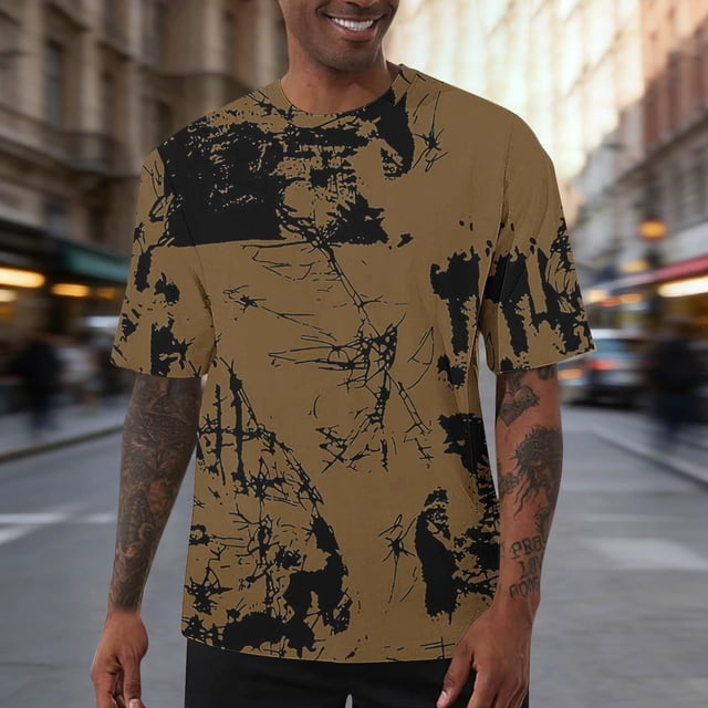 Ceisia Men's Abstract Splash Print T-shirt Loose Fit Short Sleeve Round Neck Casual Summer Fall Tee Tops Khaki S Gifts