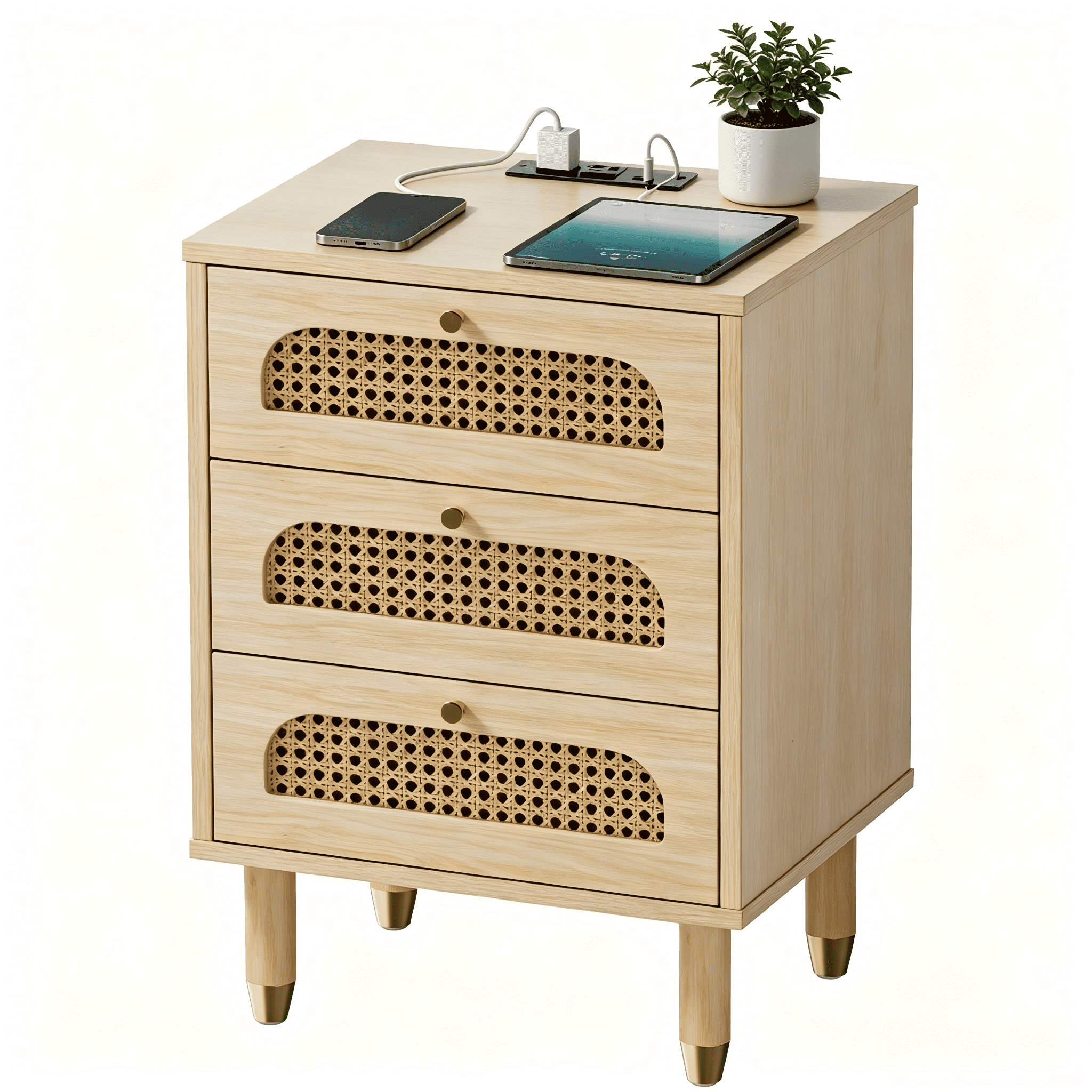 3-Drawer Rattan Nightstand, Bedside Table with Outlet & Dual USB Ports, Solid Wood Legs, Compact Storage Cabinet for Bedroom Living Room Office