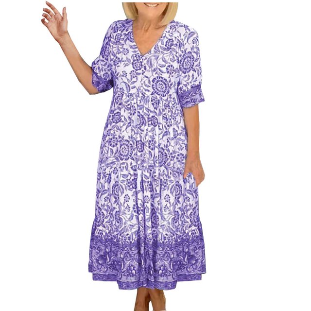 Meichang Robes pour Femmes Été 2024 Robe Vintage à Fleurs pour Dames Décontractée à Manches Courtes Longues Robes Fluides Amples Robe Évasée Robes Bohèmes de Plage