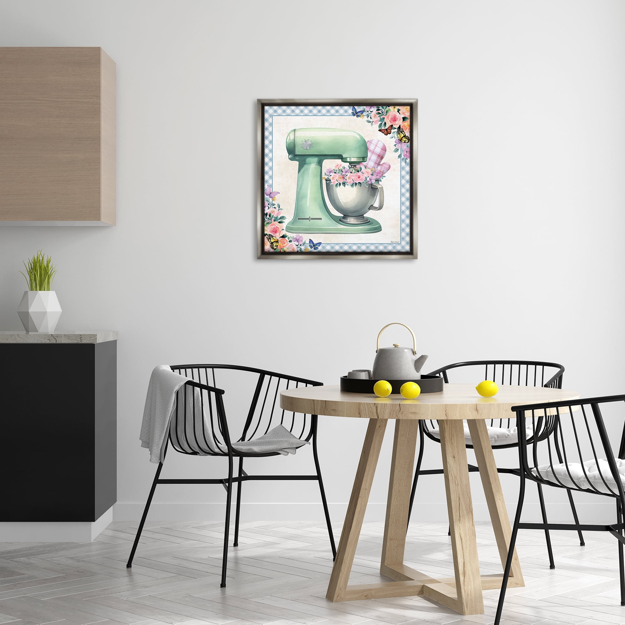 Stupell Industries Kitchen Mixer with Flowers Food & Beverage Painting Gray Floater Framed Canvas Art Print Wall Art, 25 x 25