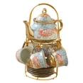 thumbnail image 2 of Juego de té de cerámica con tetera, tazas y platillo hecho a mano para 6 personas con acabado dorado. Azul, 2 of 9