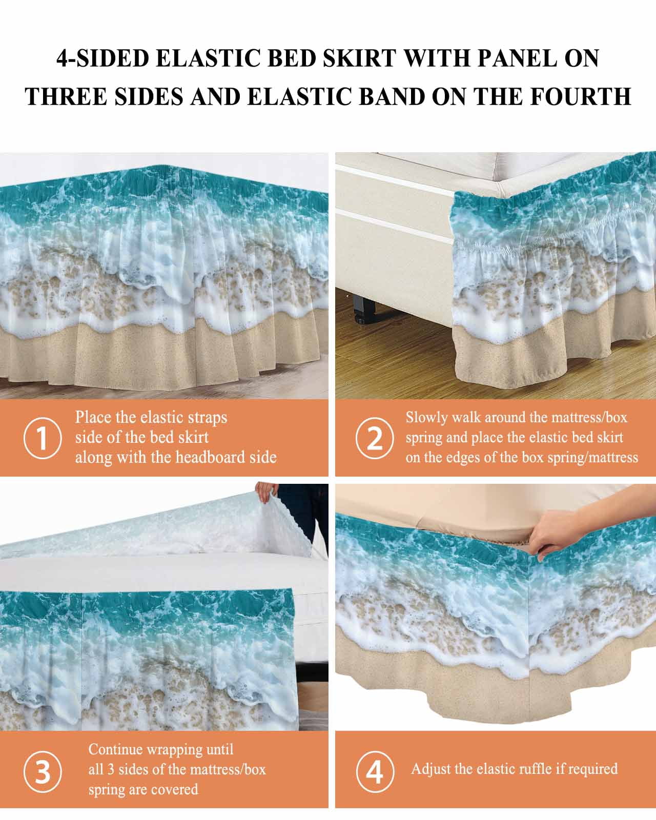 Ocean Beach Bed Skirt Queen Size 16" Drop Summer Sand Waves Nature Ruffled Wrap Around Bed Skirts Adjustable Elastic Bedskirt Dust Ruffle for Queen Size Bed