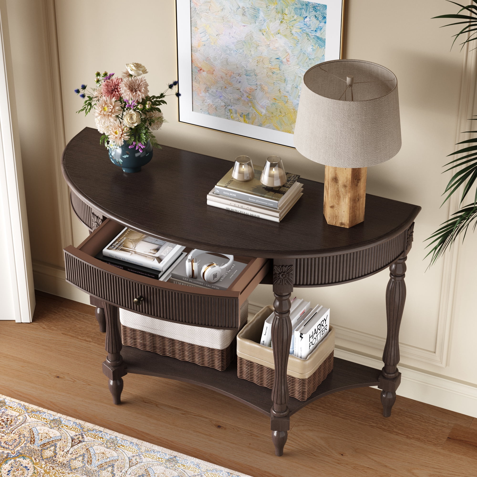 Half Moon Console Table 31.5x11.8x31.5 Inch Solid Wood Fluted Drawer for Entryway Living Room