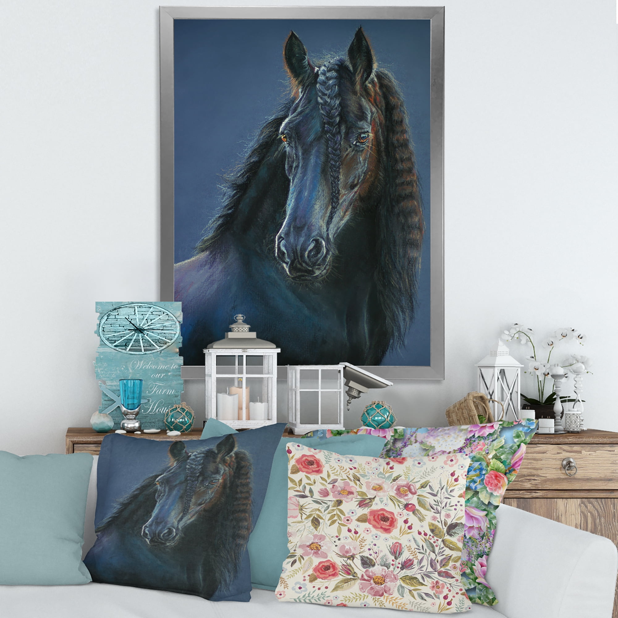 Designart 'Frisian Black Horse Portrait' Farmhouse Framed Art Print