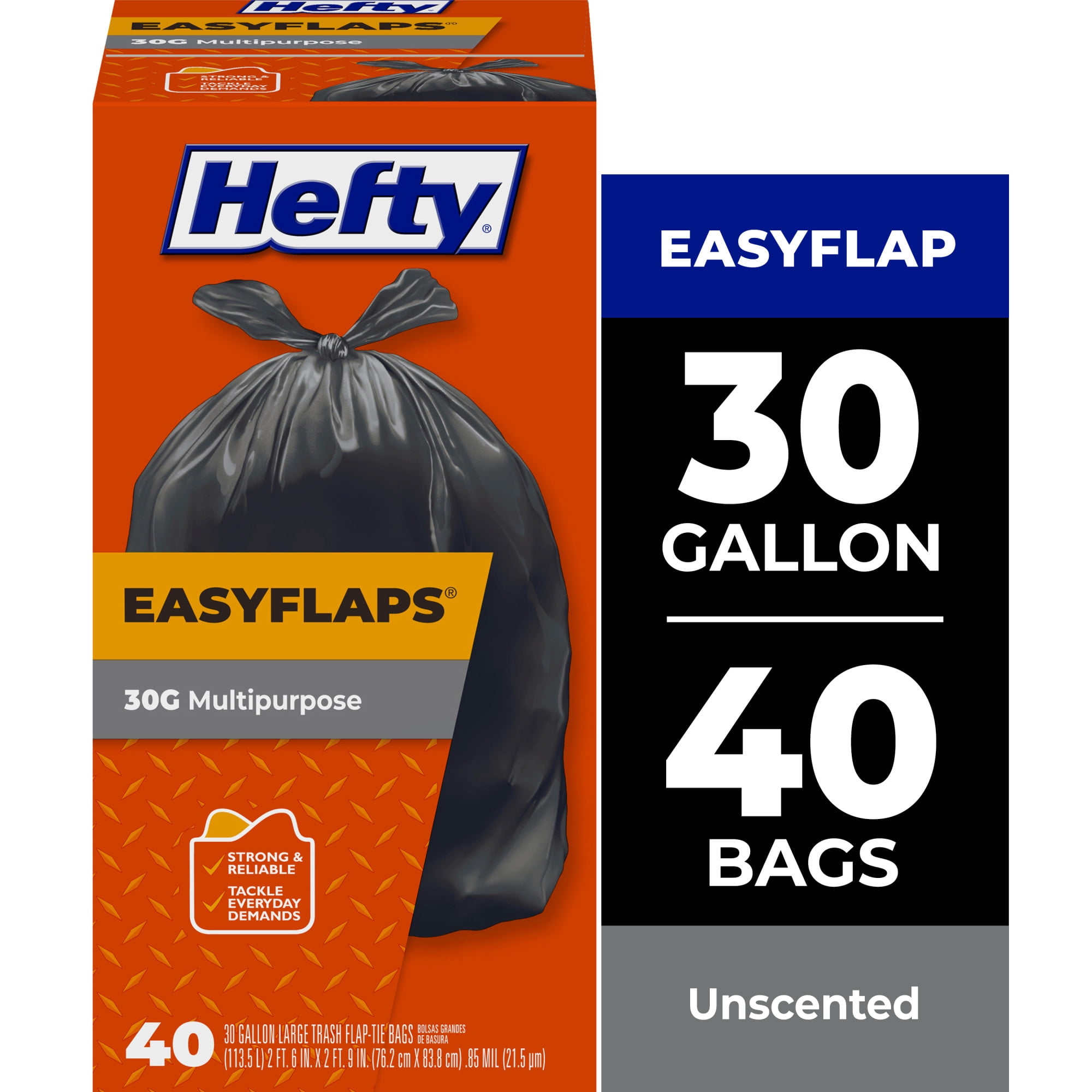 Hefty Easy Flaps Multipurpose Large Trash Bags, 30 Gallon, 40 Count