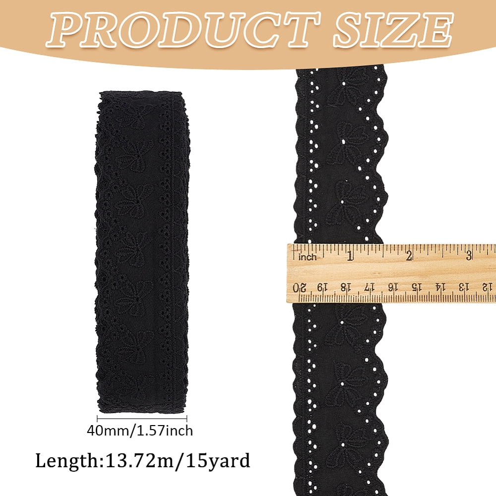 15 Yards Cotton Embroidery Bowknot Lace Ribbons Black 1-5/8 inch(40mm)