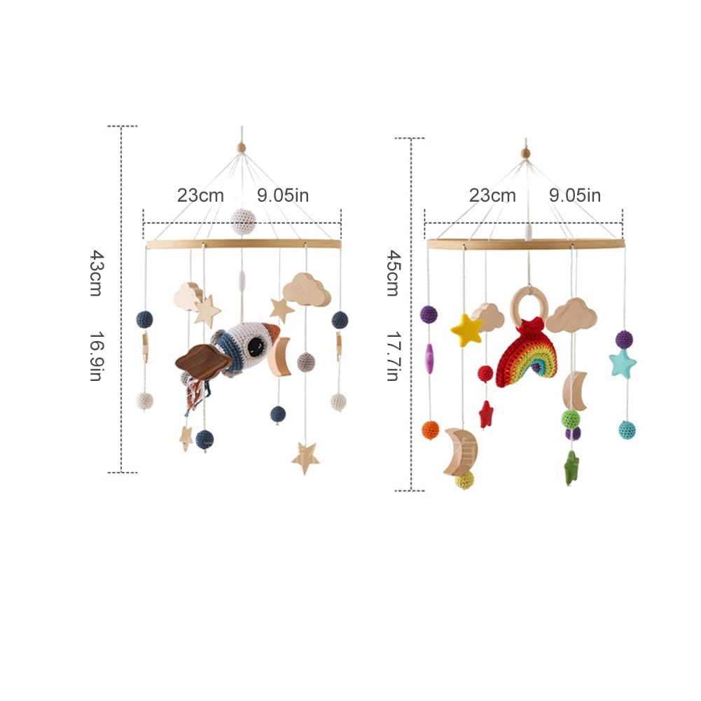 Wooden Baby Crib Bell – Rotating Wind Chime Mobile with Crochet Rainbow & Rocket Pendants, Soothing Hanging Toy for Newborns & Infants