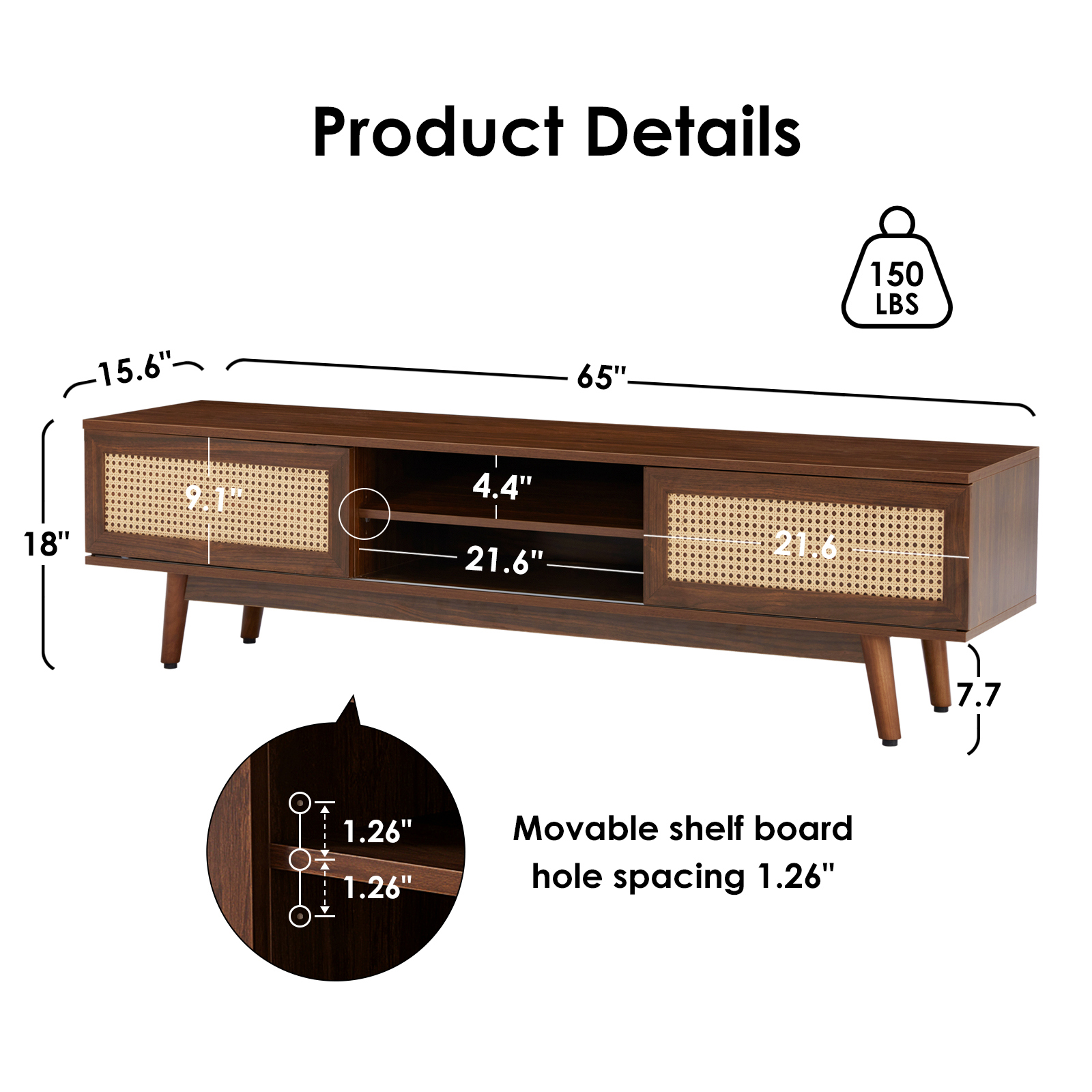 Hommoo Mid Century Modern Rattan TV Stand Up to 75", Wood TV Stand with Storage, Boho Media Console Entertainment Center for Home, Walnut