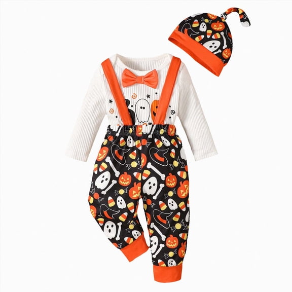 Kakishop Baby Boy Halloween Outfits 3-6 Months My First Halloween Baby Boy Outfit Long Sleeve Pumpkin Romper Pants Set with Beanie Hat Boy Fall Clothes,White
