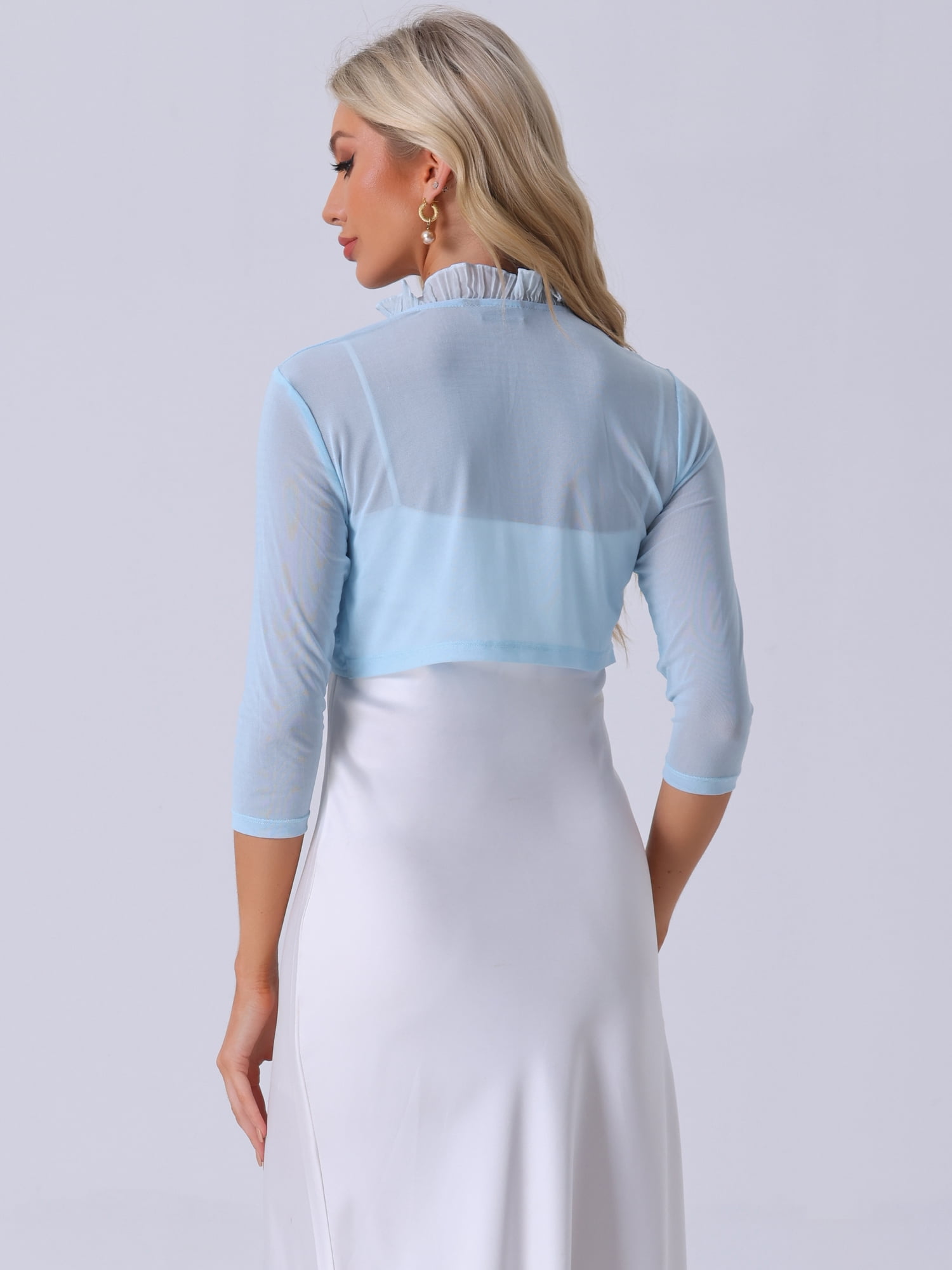 DARING DIVA Women's Ruffle Shrug Mesh Crop Bolero Cardigan L Light Blue