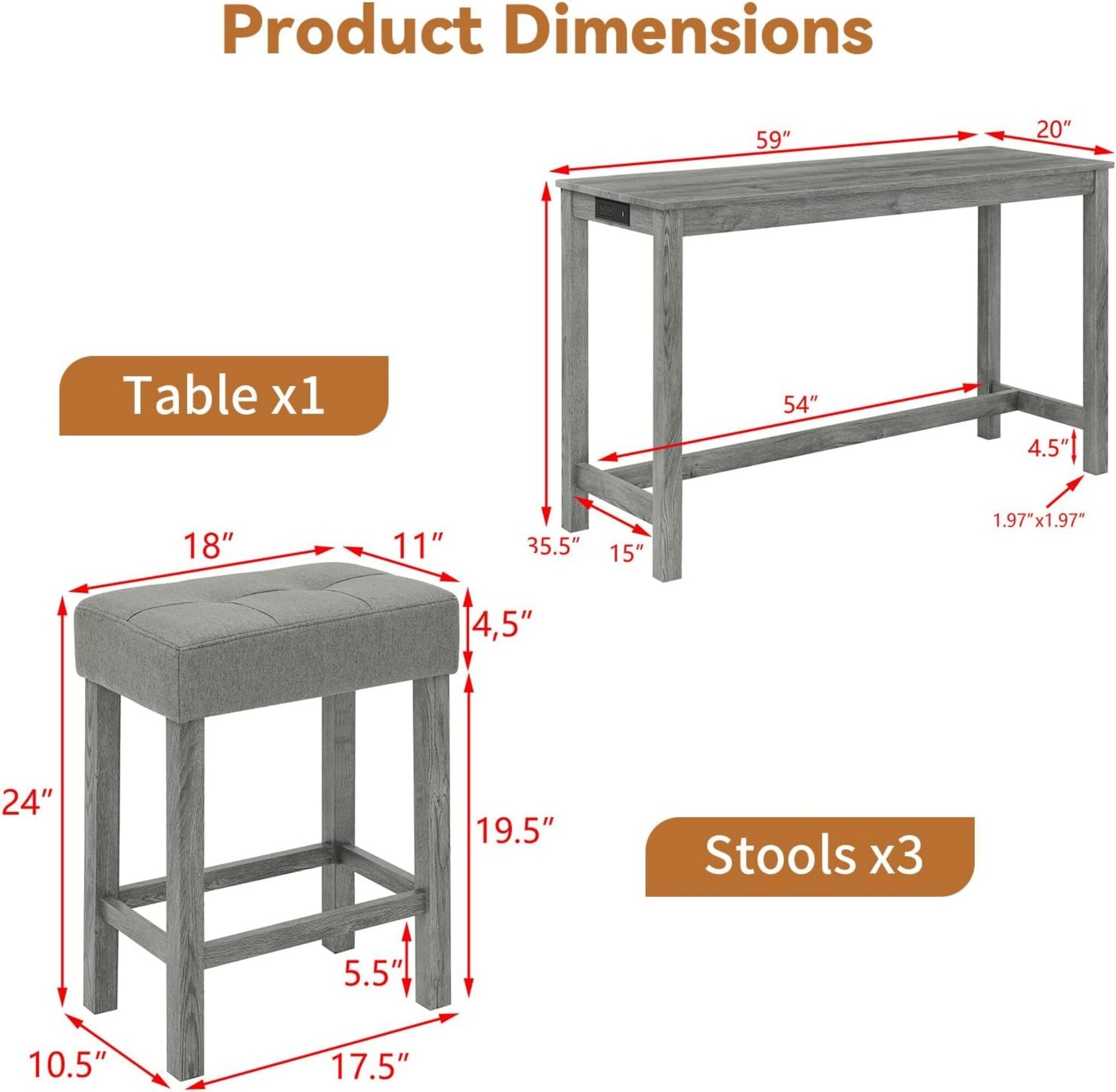 DEALTOPS 4-Piece Bar Table Set with Charging Station, 59" Counter Table with 3 Soft Stools for Small Space, Antique Gray