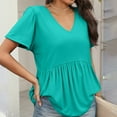 thumbnail image 4 of TQWQT Womens Summer Peplum Tops Plus Size Short Sleeve Tunic Top Babydoll Vneck T-Shirt Puff Sleeve Solid Color Flowy Blouses Maternity Clothes Cyan 2XL, 4 of 5