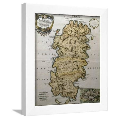 Map of Sardinia with City Map for Cagliari in Bottom Right Corner, Italy Framed Print Wall