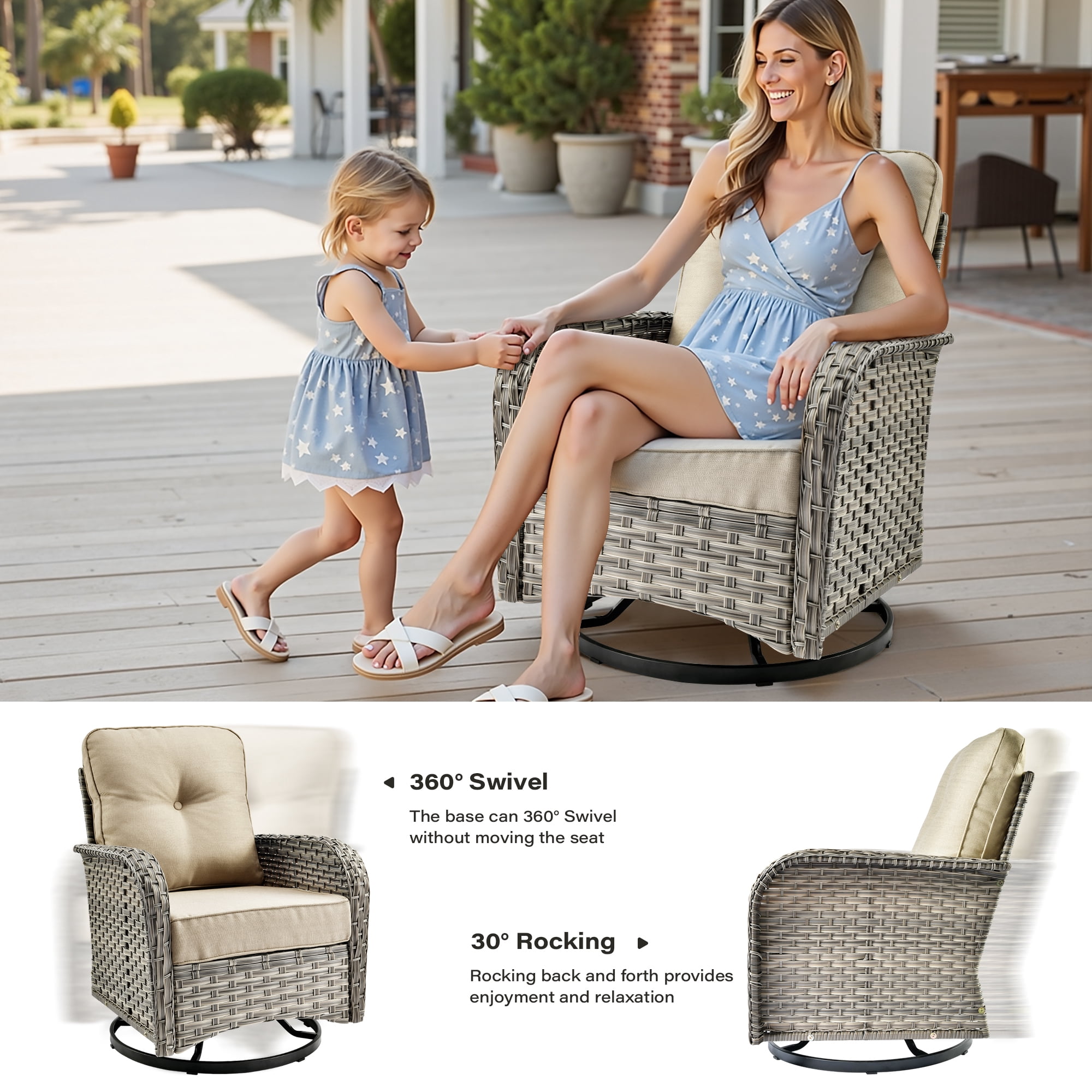 Toject 9 Pieces Patio Furniture Set All Weather Wicker Outdoor Conversation Set with 42" Fire Pit Outside Furniture Patio Sofa with Swivel Chairs & Solar Table, Beige