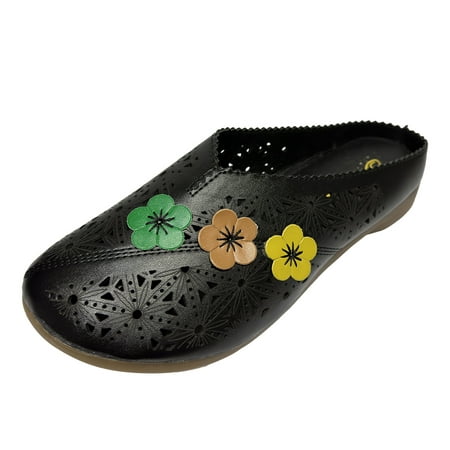

SEMIMAY Women Summer Flowers Decorate Hollow Slip On Casual Round Toe Wedges Comfortable Beach Shoes Sandals Slippers Black