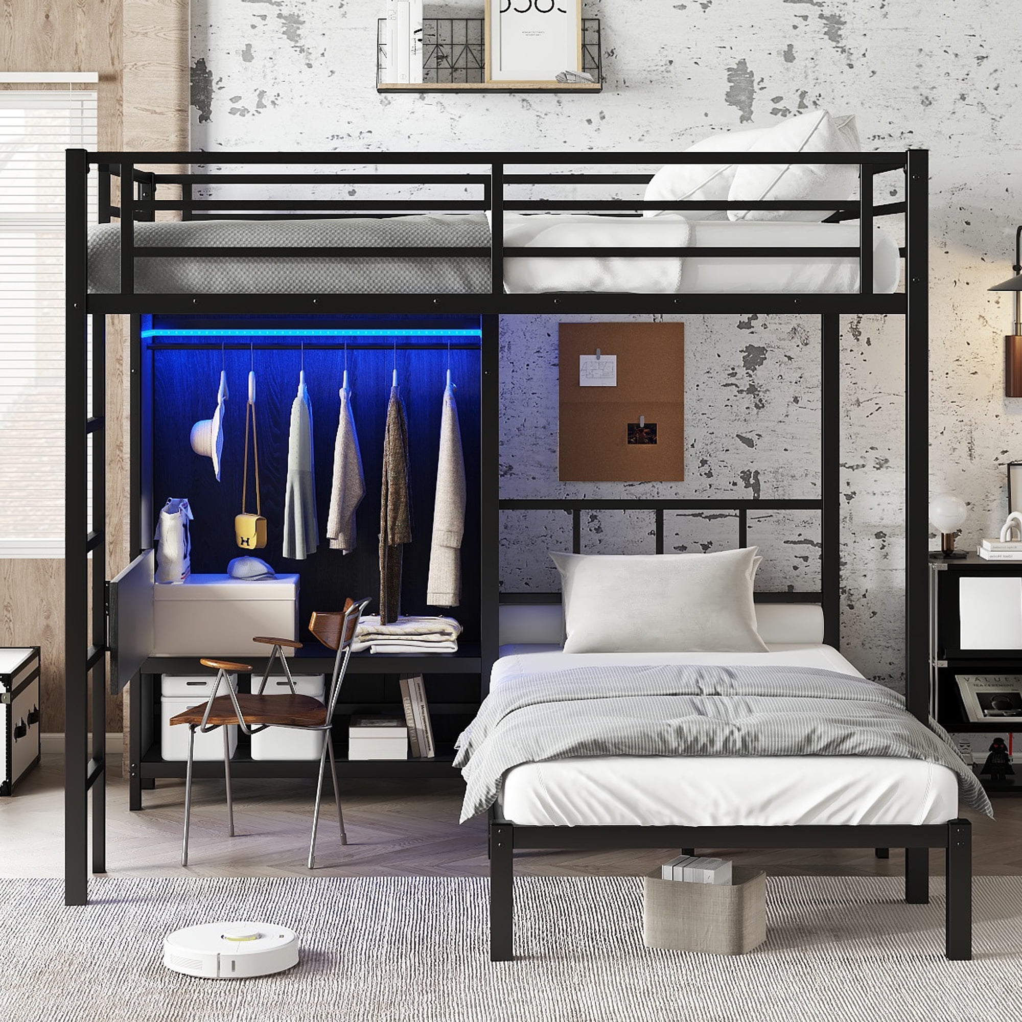 Full XL Over Twin Bunk Bed, Metal Bunk Bed Frame with Folding Desk, Closet with LED,Space-Saving/Noise Reduced, Black