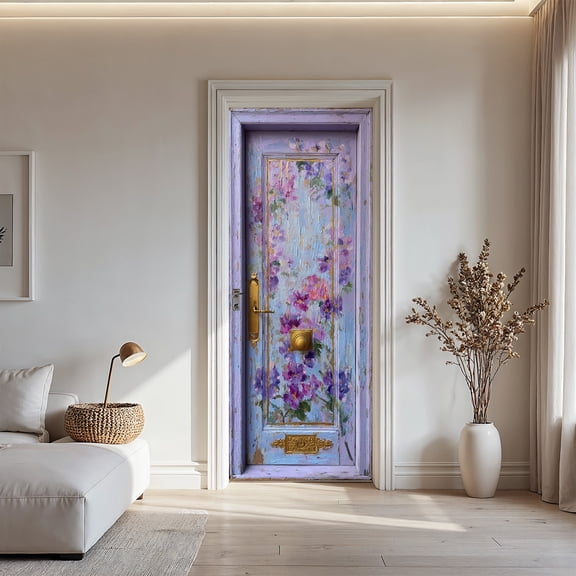 Impressionist Floral Door Sticker - 30.3x78.7in Lavender & Blue Distressed Door Decal with Gold Hardware for Home Decor