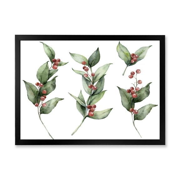 Designart 'Christmas Set Red Berrie With Branches' Traditional Framed Art Print