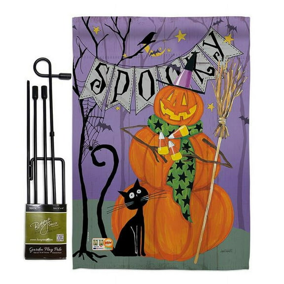Breeze Decor BD-HO-GS-112085-IP-BO-D-US18-WA 13 x 18.5 in. Spooky Pumpkin Men Fall Halloween Vertical Double Sided Mini Garden Flag Set with Banner Pole