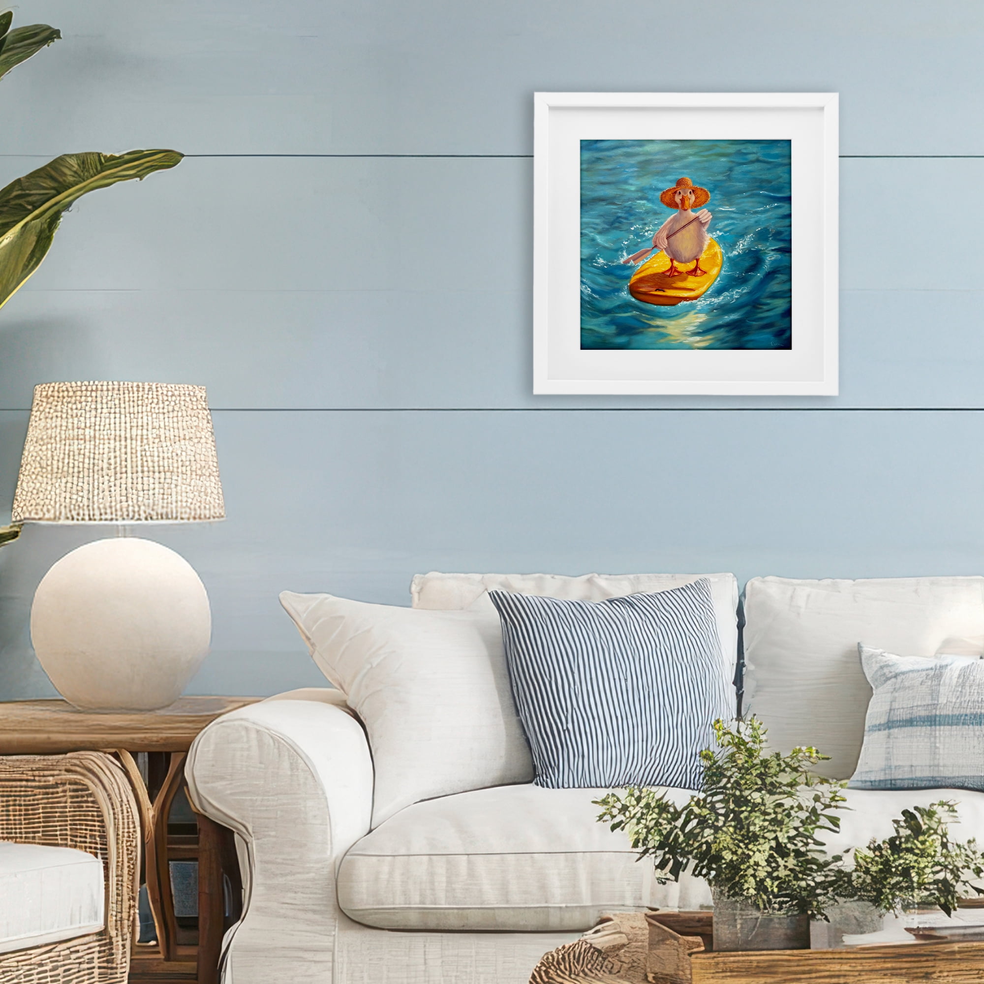 Stupell Industries The Paddler Duck with Straw Hat White Framed Print Under Glass, design by Lucia Heffernan