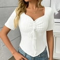 thumbnail image 6 of JGGSPWM Women's Sweetheart Neck Drawstring Ruched Short Sleeve Asymmetrical Hem Knit Tunic Slim Fit Curve Crop Tops Pullover Shirts White M, 6 of 7