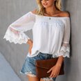 thumbnail image 5 of Women Off Shoulder Top 3/4 Bell Sleeves Loose Fit Elastic Neckline Lining Inside Summer Blouse Beige L, 5 of 8