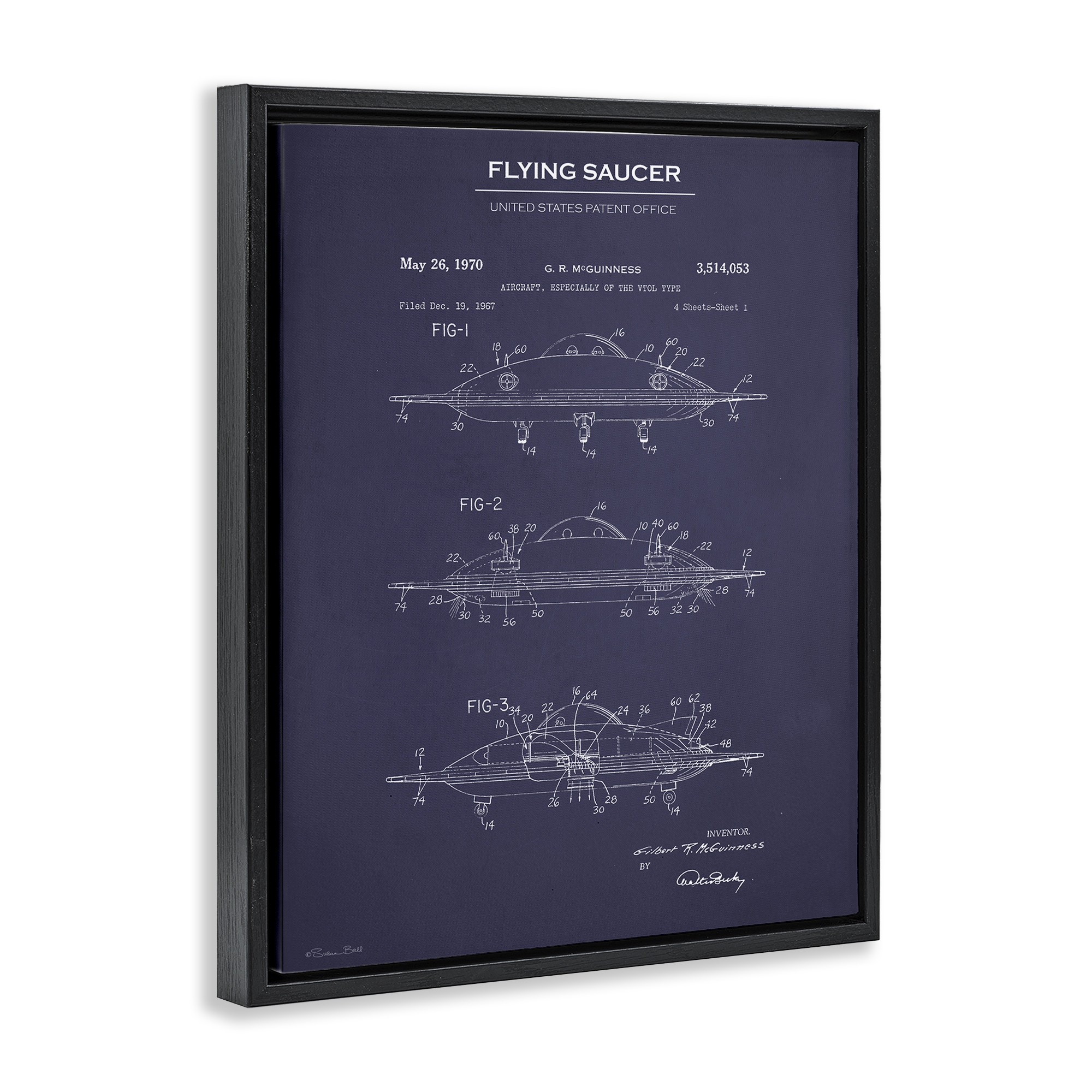 Stupell Industries Flying Saucer Blueprint Transportation Painting Black Floater Framed Art Print Wall Art, 17 x 21