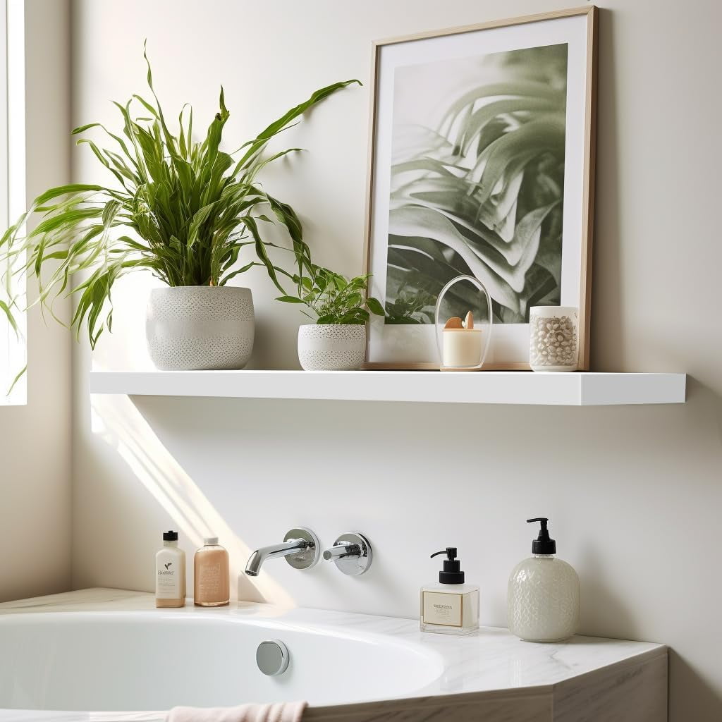Floating Shelves, 24 Inch Wall Shelf Set of 2, Hanging Shelf with Invisible Brackets, Wall Decor for Bathroom, Bedroom, Living Room, Kitchen Storage, Modern White