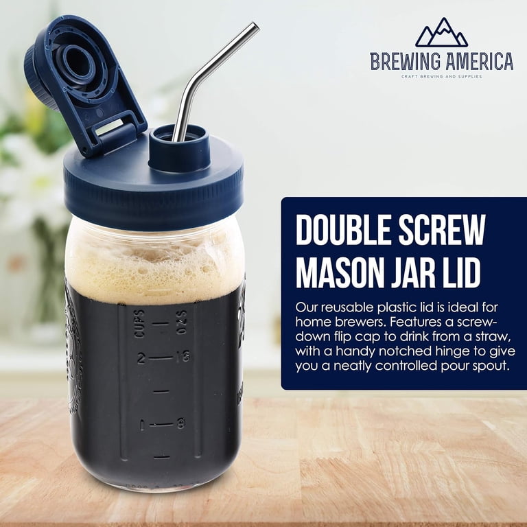 Brewing America 32 oz 1 Quart Blue Glass Mason Drinking Jars with Lid