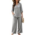 thumbnail image 5 of Cagogo Women Plus Size 2 Piece Set V Neck Long Sleeve Shirt Wide Leg Pants Casual Loose Outfits Solid Basic Matching Lounge Tracksuits Comfy Travel Airport Clothes, Gray S, 5 of 7