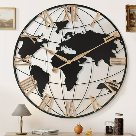 24 Inch Extra Giant Oversized Wall Clock: Black Metal Modern Silent Clock with Vintage Golden Roman Numerals & World Map Design for Office, Living Room, Kitchen, Dining Room Decor