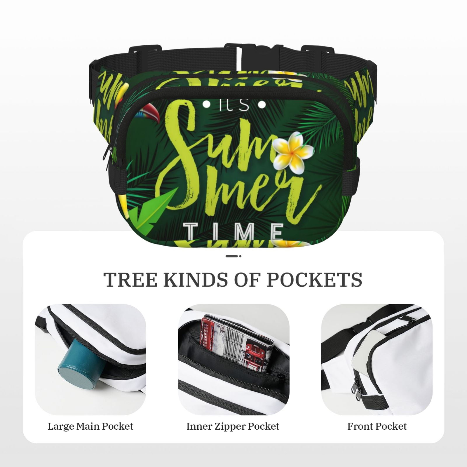 Picia Tropical Summer Vibes Print Square Double-Layer Waist Bag Mini Adjustable Waist Belt Bag Exercise Running Travel Hiking