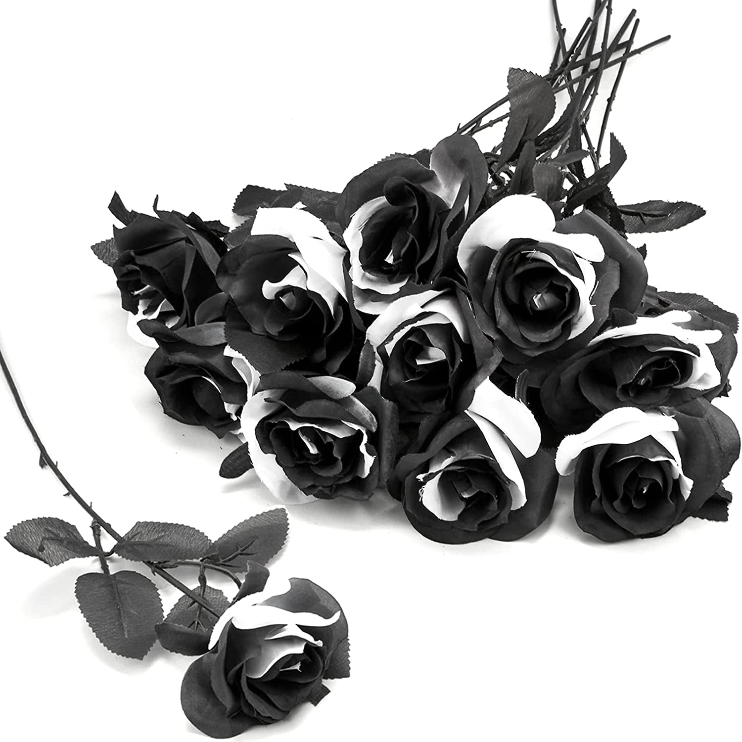 Kisflower 12pcs Halloween Decorations Black Flowers, Artificial Black Roses, Realistic Single Stem Flowers Silk Fake Rose Bouquet for Wedding Party