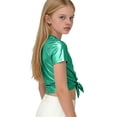 thumbnail image 5 of Girls Green Metallic Crop Top Tie Front Short Sleeve Shiny Party T Shirt Kids Summer Fashion Tops,Size 9-10T, 5 of 6