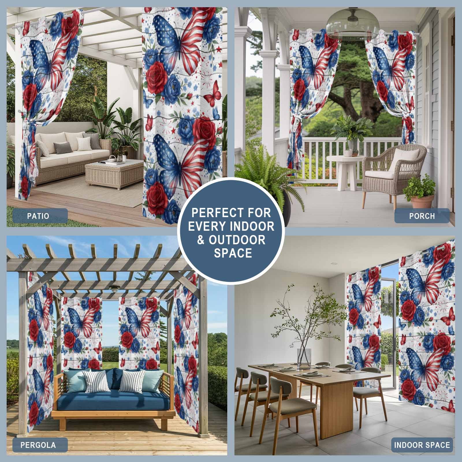 Independence Day Outdoor Curtains for Patio, American Flag Butterfly Blue Red Flower Country Wood Striped Sunshade Privacy Drapes Grommet Waterproof Outside Curtains for Porch 54"x108", 1 Panel