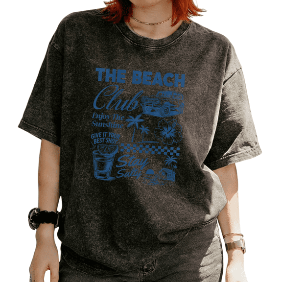 The Beach Club Stay Salty Retro Off-Road Car Palm Tree Graphic Tees T-shirt Nautical Short Sleeve Black S-2XL Plus Size