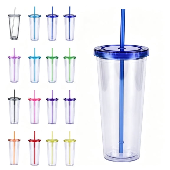 Plastic Straw Cup 24 Ounces Clear Tumbler with Lid Reusable Cold Drink Bottle for Iced Coffee and Smoothies Travel Mug Blue Pack of 1