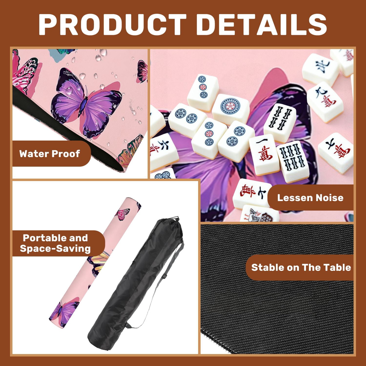 Mahjong Mat 31.5" x 31.5" Seamless butterflies Non-Slip Noise Reduction American Mahjong Tiles Table Cover for Dominoes Poker Card Board Games Gift