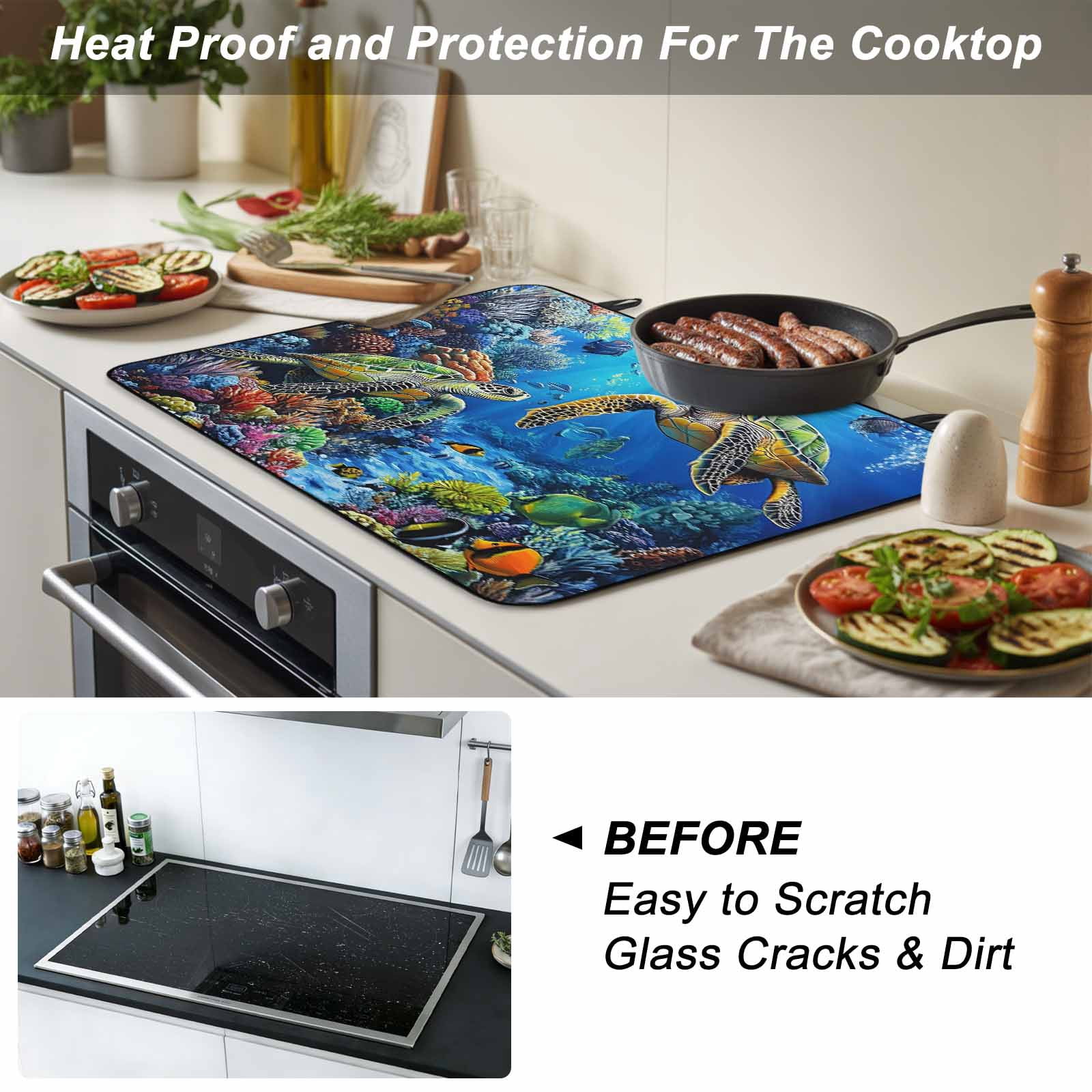 Blue Sea Turtle Ocean Stove Top Cover for Electric Stove, Heat-proof & Non Slip Glass Top Stove Cover Protector, Colorful Coral Sea Underwater Kitchen Flat Cooktop Rubber Mat 24x21 Inches