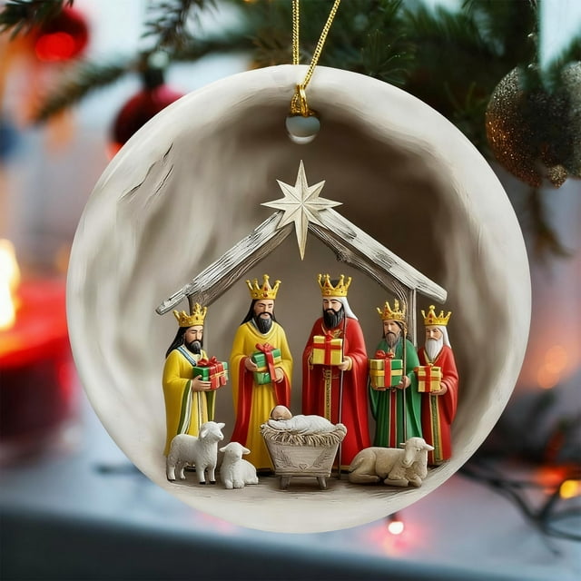 Christmas Nativity Scene Hanging Ornament, for Holiday Decorations, Transparent Colored Acrylic, round Window and Tree Pendants, 1 Pc