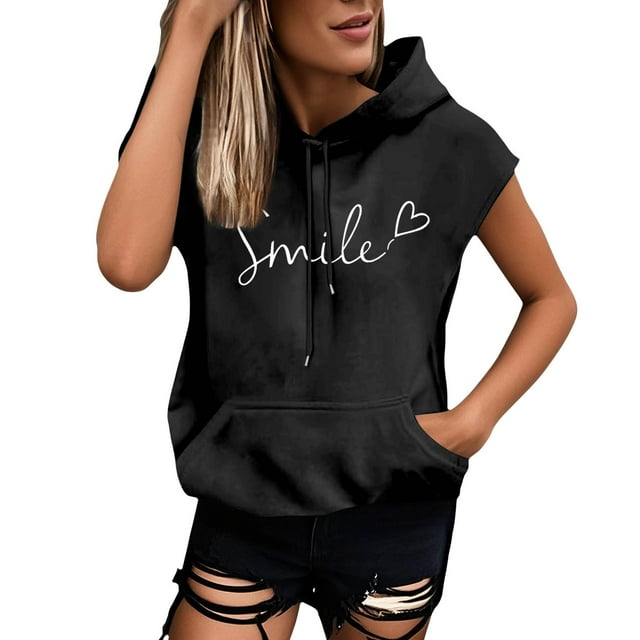 HNMKIU Débardeur Femme Grande Taille Mode Imprimé Sweat à Capuche Manches Courtes Blouse Ample