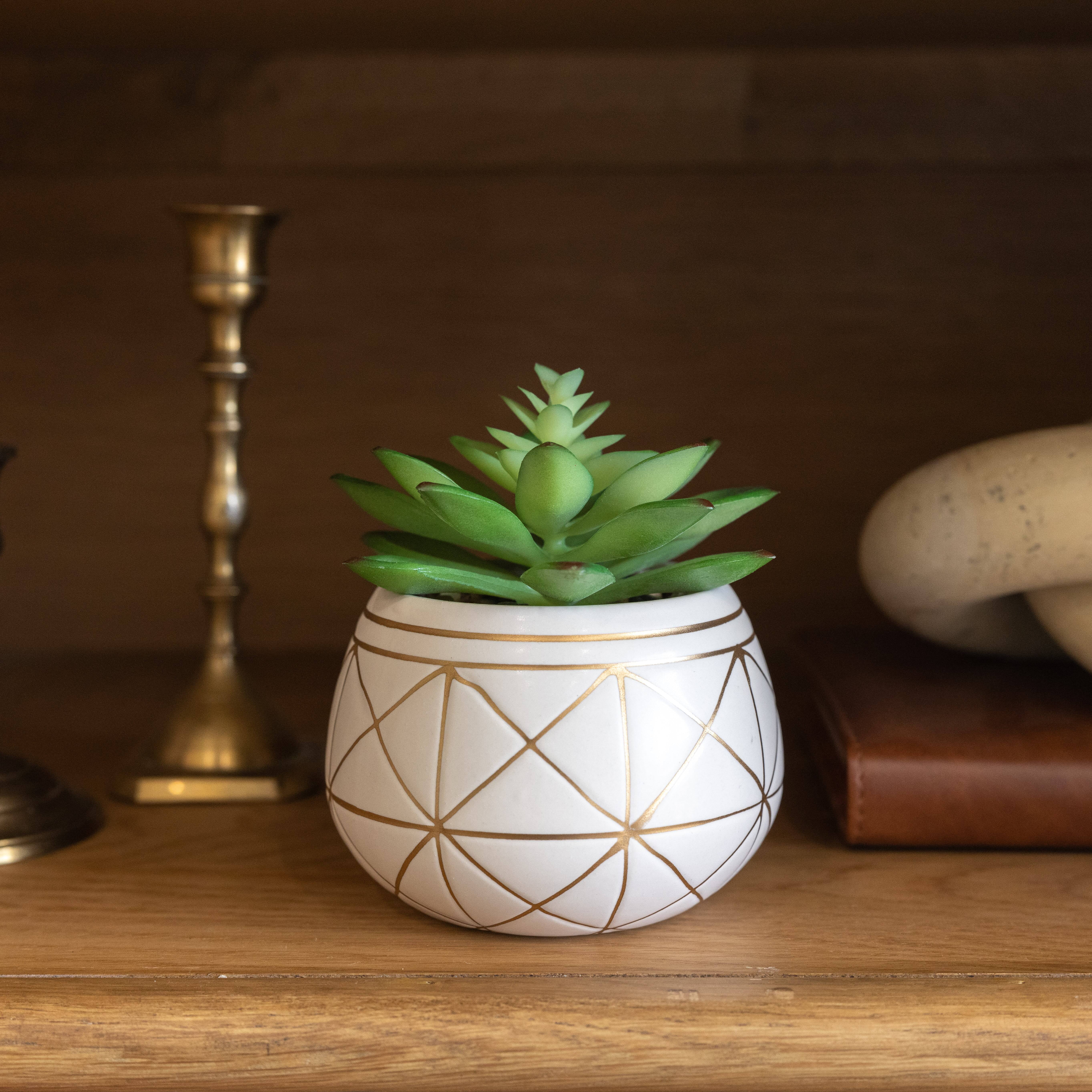 Mainstays 4" Tabletop Artificial Succulent in Geometric Print Ceramic Pot, White