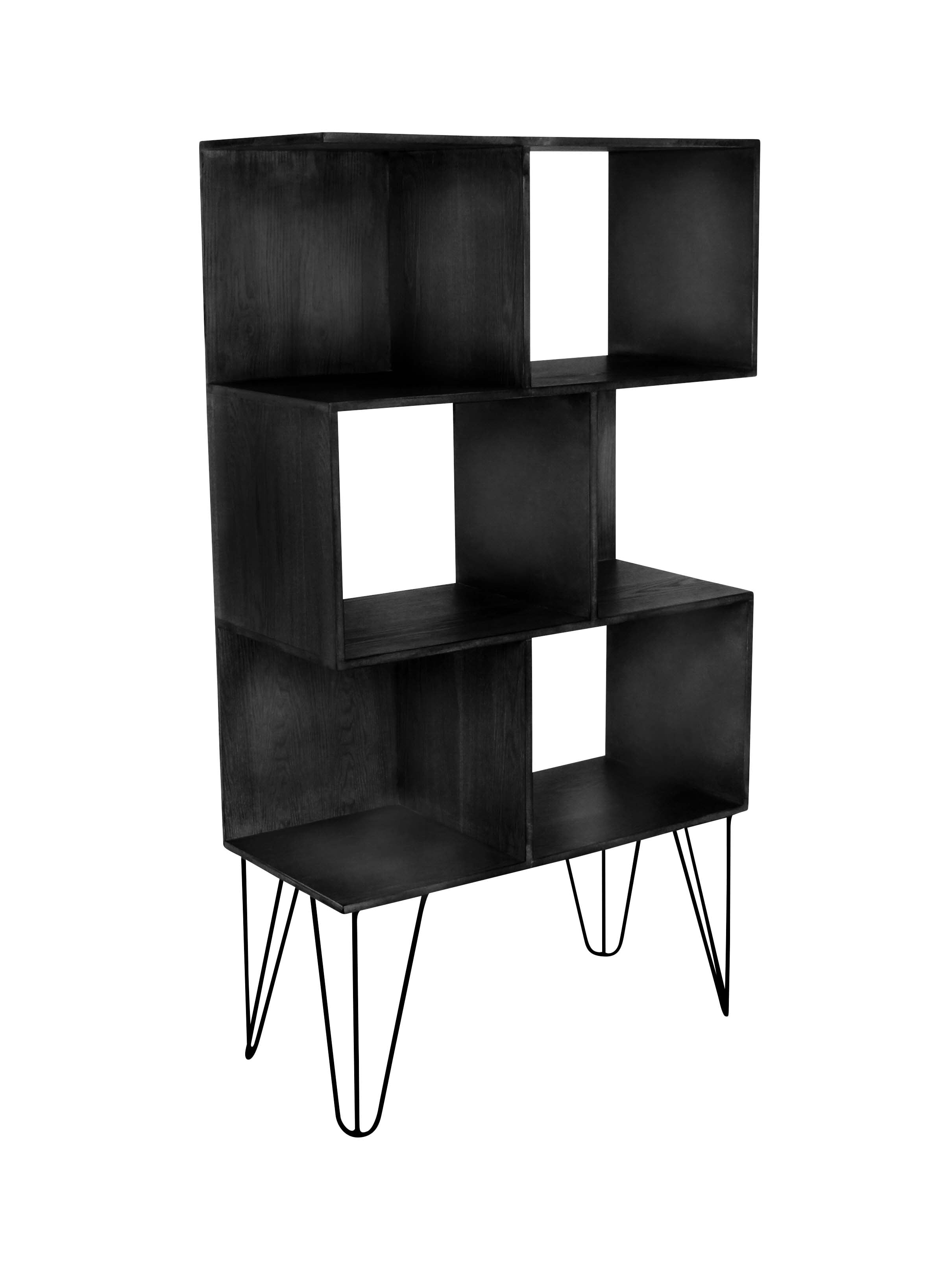 Decmode Modern 47 x 26 inch black wooden shelf unit with iron paperclip